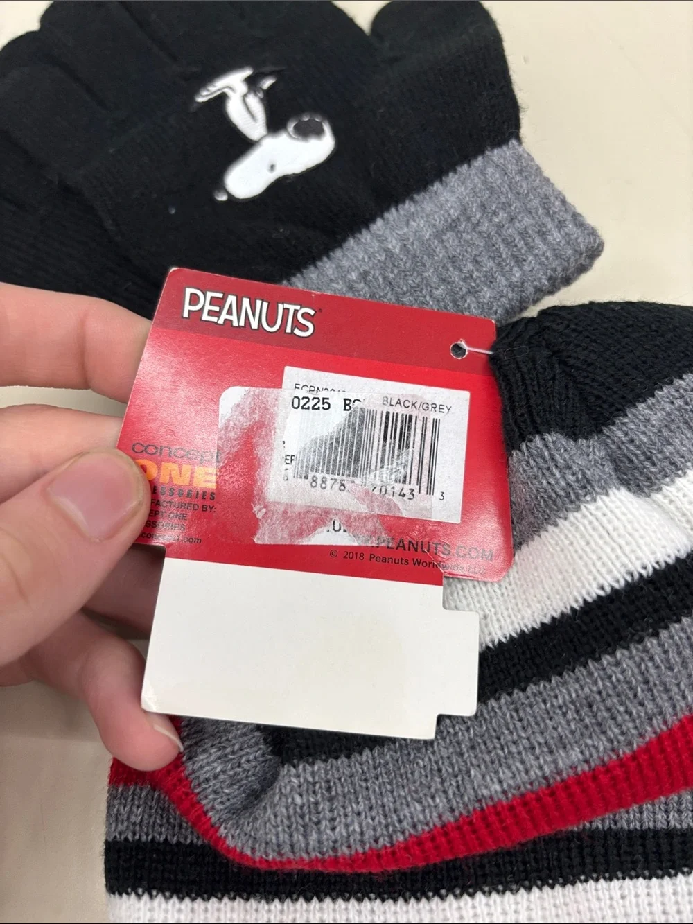 Peanuts Kids Black, Red & Gray Striped Knit Beanie with Gloves